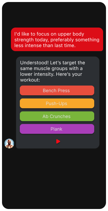 FitBot App main interface showing AI-powered fitness chat and workout planning